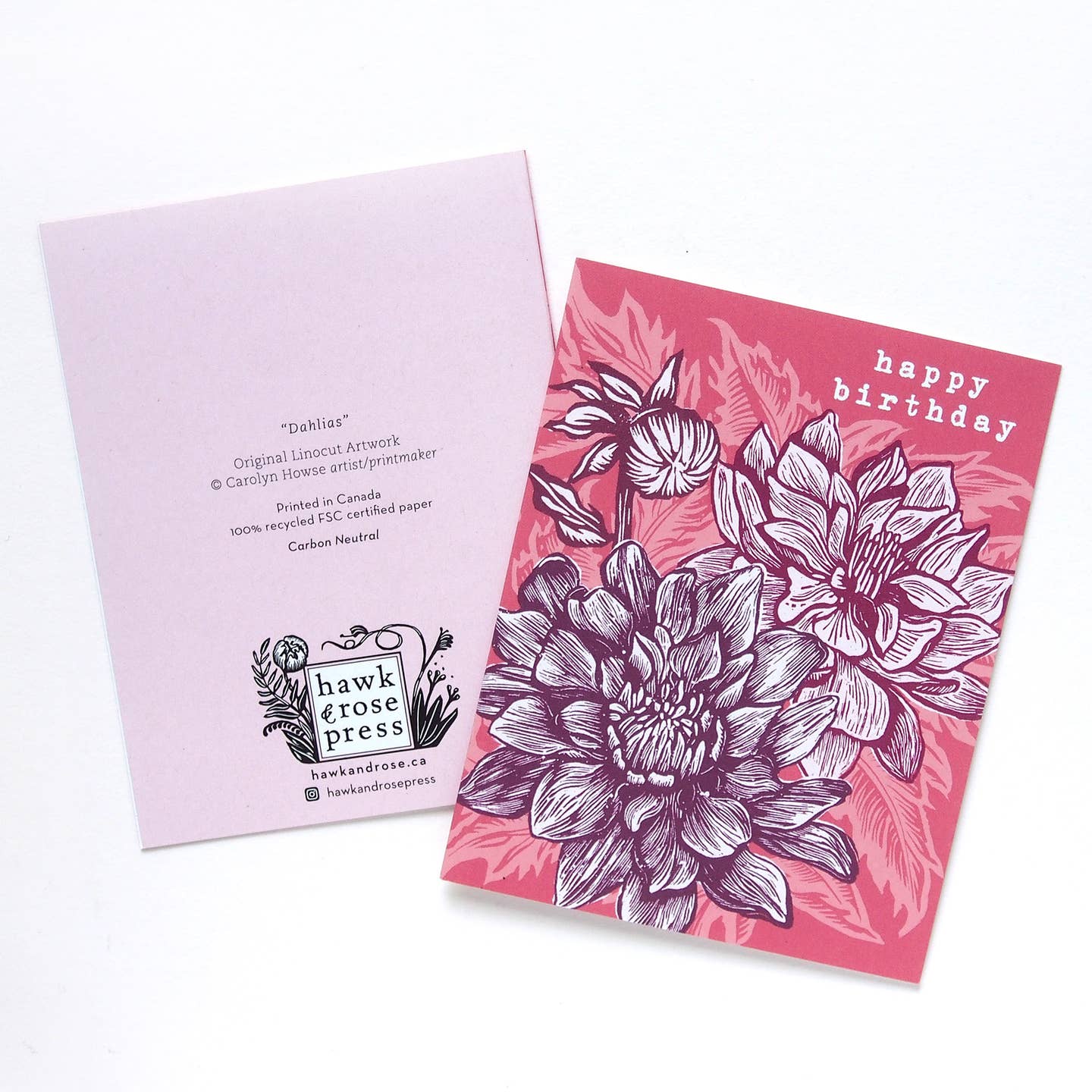 Hawk and Rose - ‘Dahlias’ Linocut Birthday Art Card