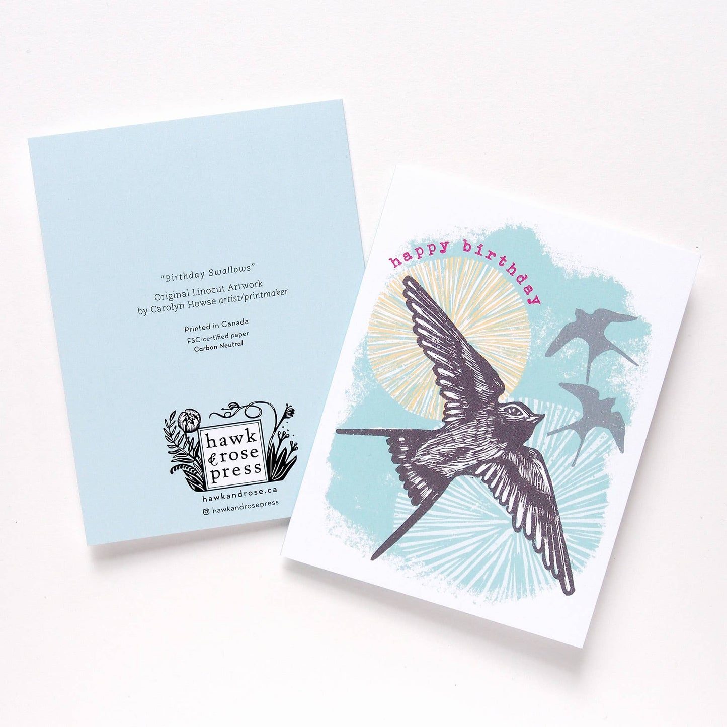 Hawk and Rose - ‘Swallows’ Linocut Birthday Art Card