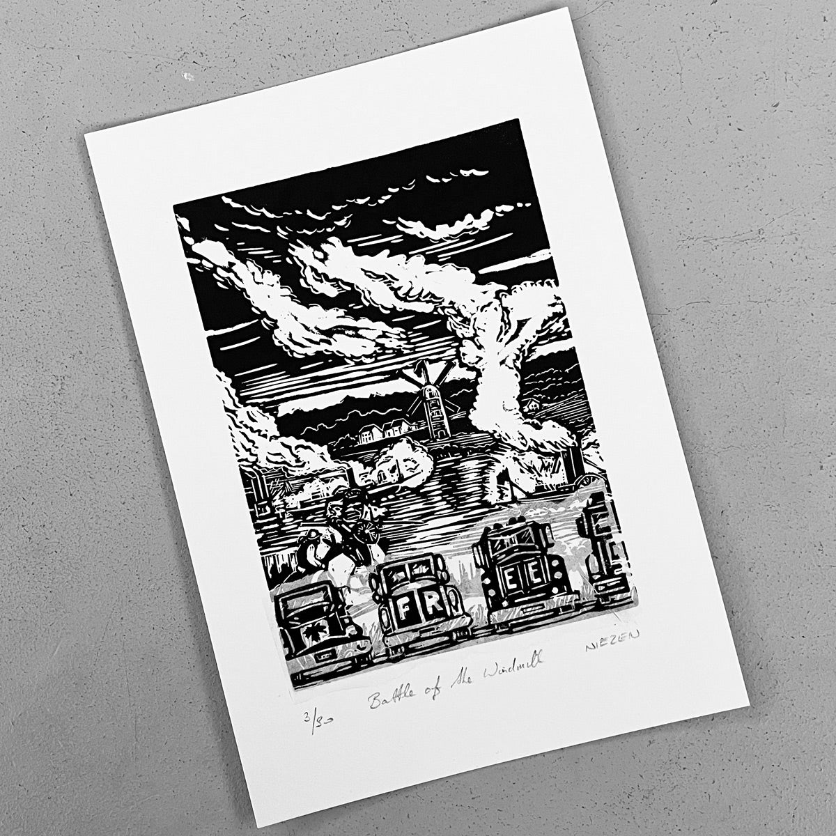 Battle of the Windmill linocut