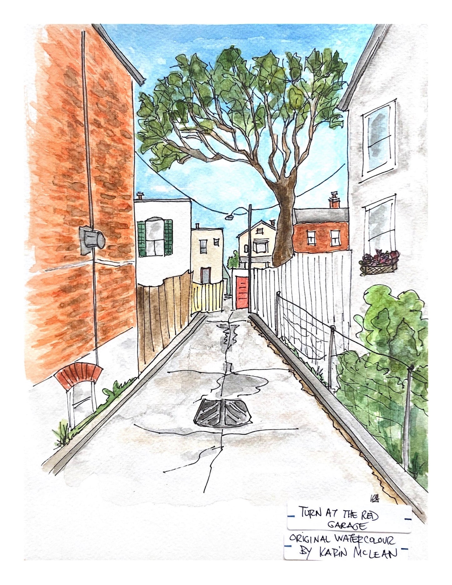 Karin McLean - TURN AT THE RED GARAGE Original Artwork (9" X 12")
