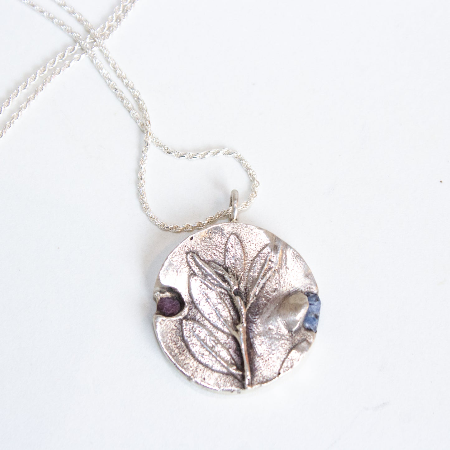The Inspired I - Leaf Necklace w/ Raw Sapphire + Ruby