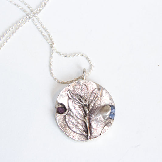 The Inspired I - Leaf Necklace w/ Raw Sapphire + Ruby