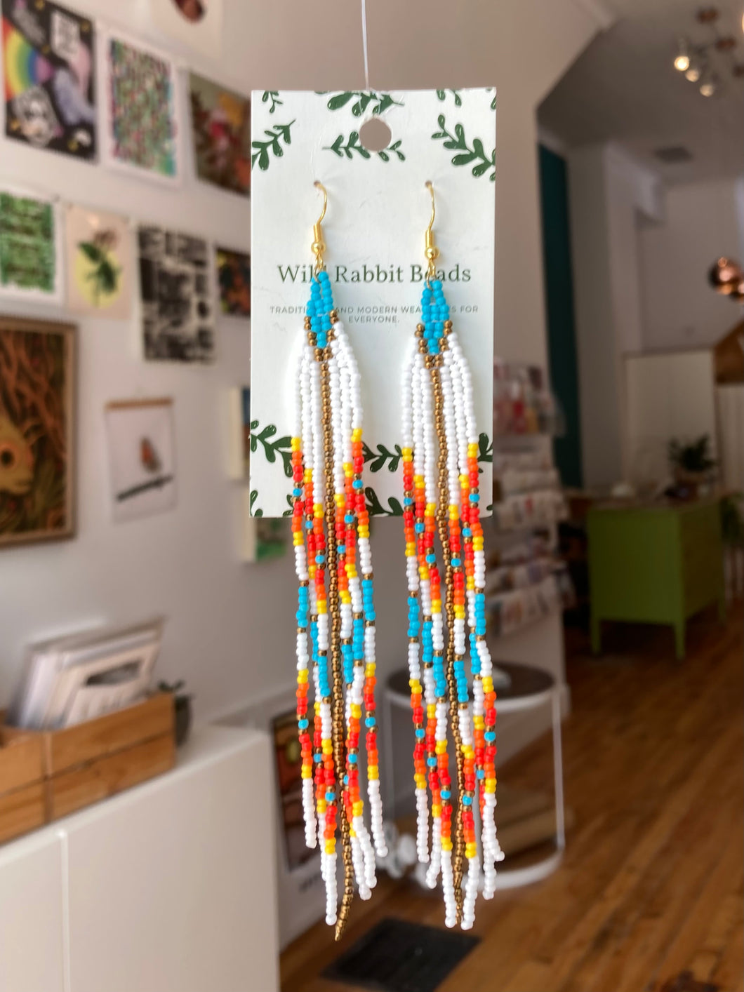 Wild Rabbit Beads - Red, White and Gold Fringe Beadwork Earrings