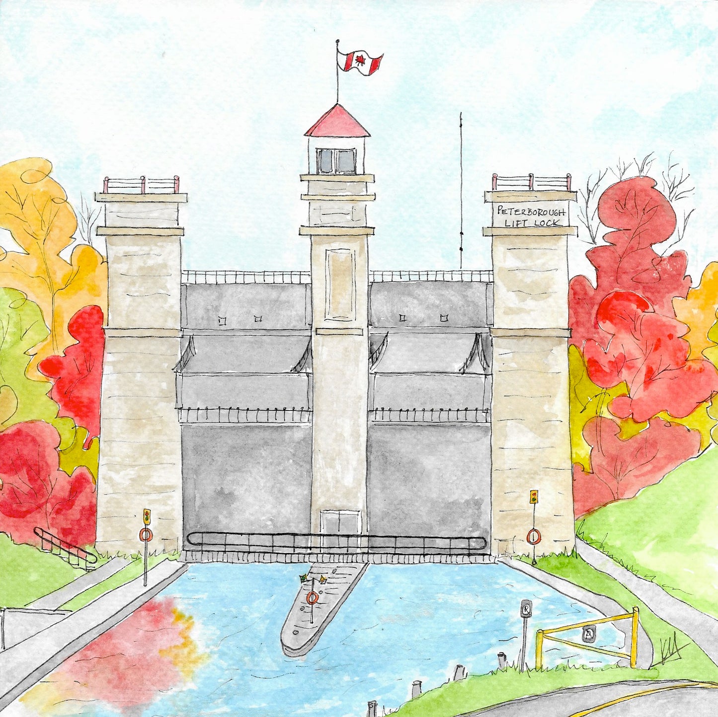 Karin McLean - LEAVES ON FIRE AT THE LIFTLOCK (8" X 8")