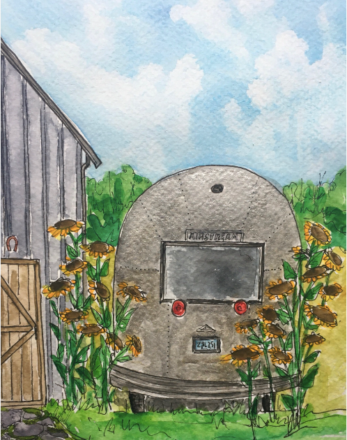 Karin McLean - AIRSTREAM IN SUNFLOWERS Original Artwork (5" X 7")