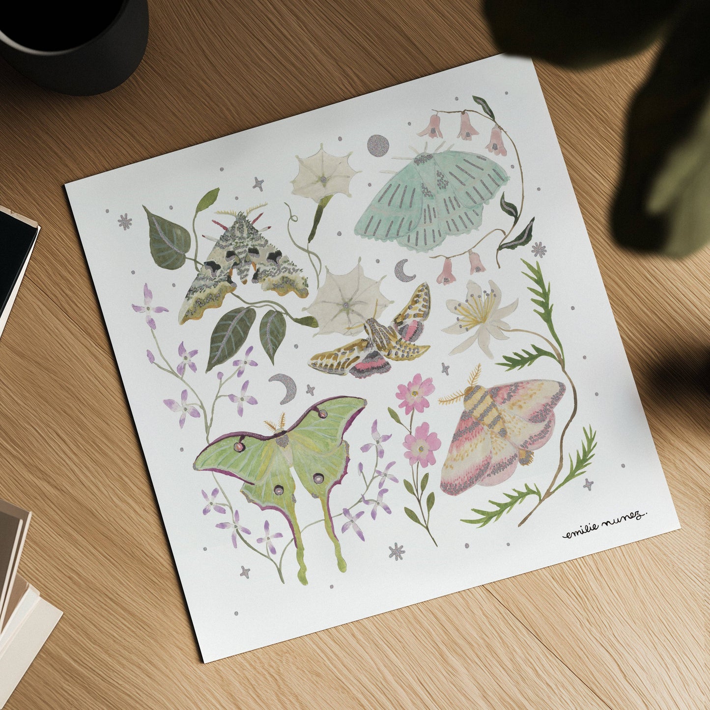 Emilie Nunez - Moths Art Print with Iridescent Foil