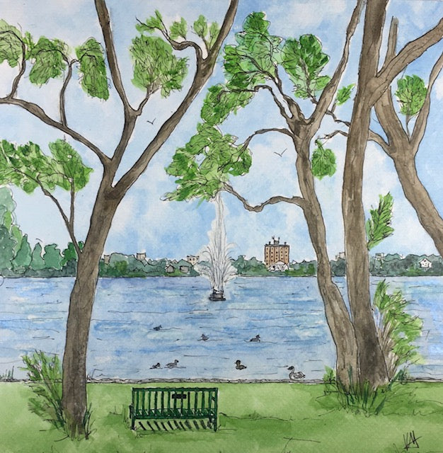 Karin McLean - CENTENNIAL FOUNTAIN FROM RODGERS COVE (8" X 8")