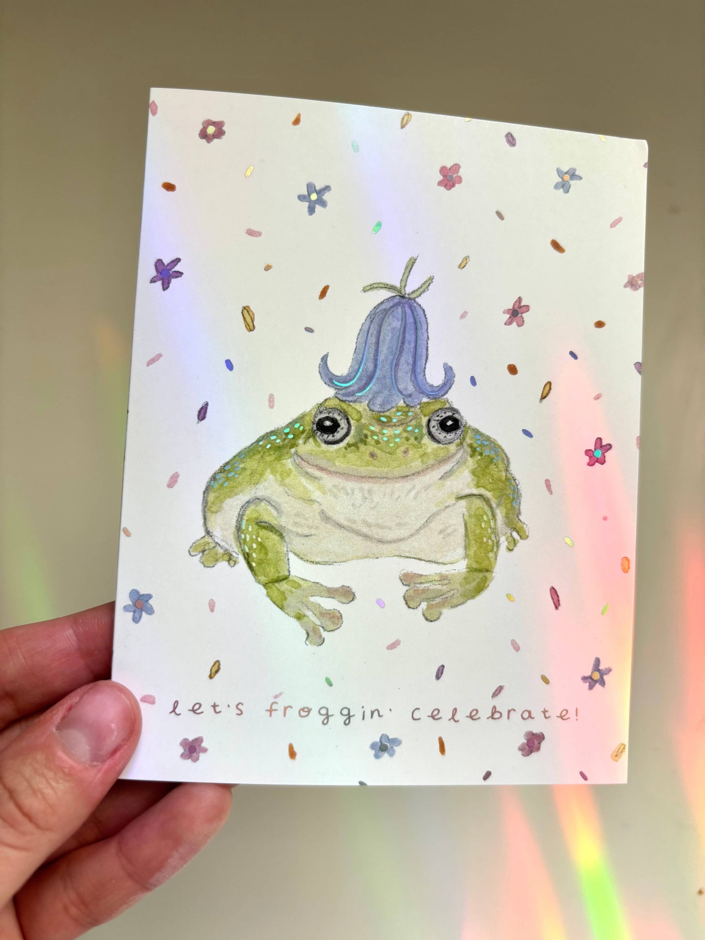Emilie Nunez - "Let's Froggin' Celebrate" Iridescent Foil Greeting Card