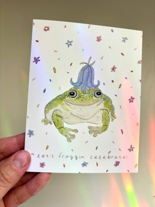 Emilie Nunez - "Let's Froggin' Celebrate" Iridescent Foil Greeting Card