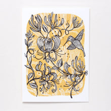 Hawk and Rose - 'Annas’ Delight’ Linocut Art Card