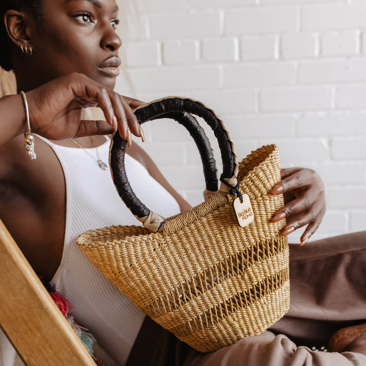 Big Blue Moma - Bolga Basket SMALL U SHOPPER (Natural Palette)