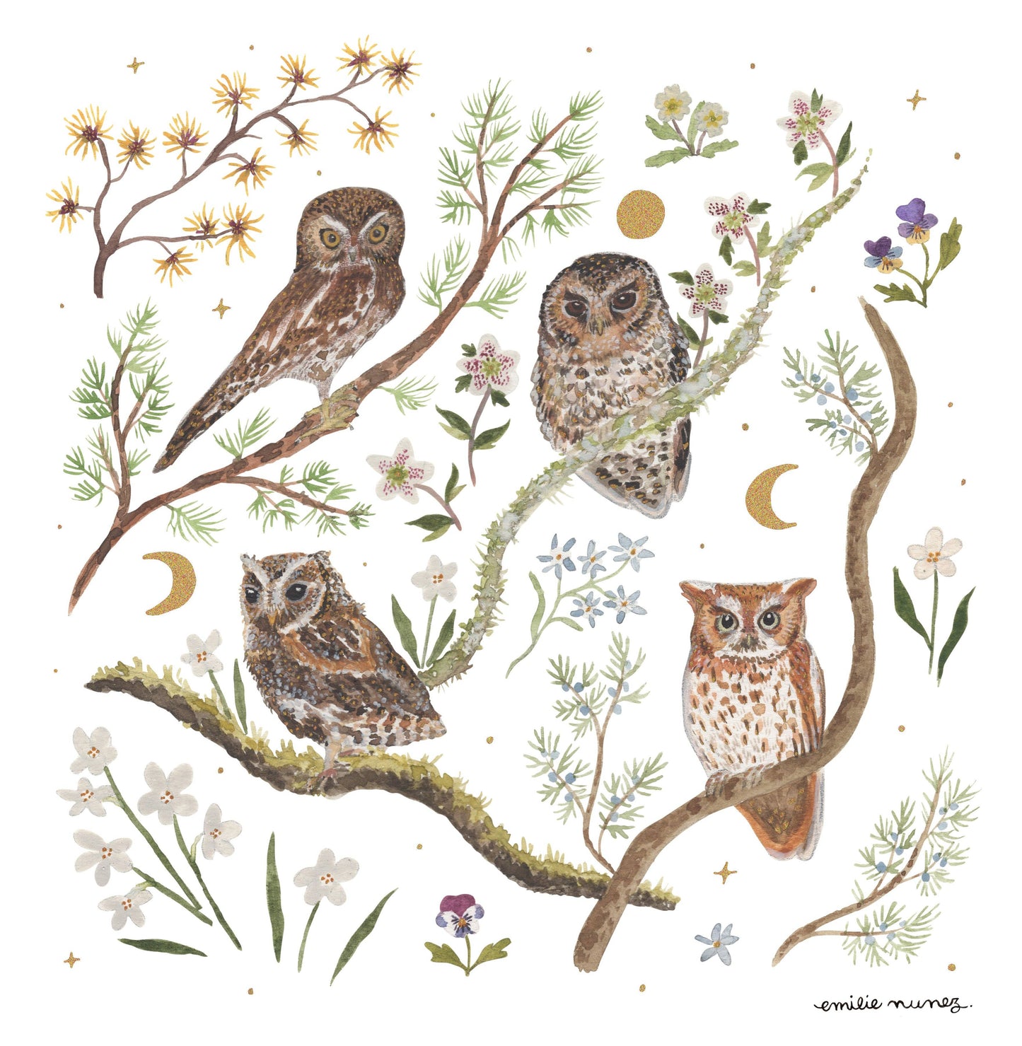 Emilie Nunez - Owls Art Print with Gold Foil