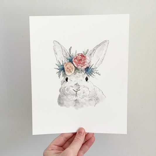 Critter Co. - GREY BUNNY IN A FLOWER CROWN Print (8" X 10")