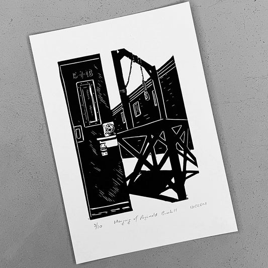 Hanging of Reginald Burchill linocut