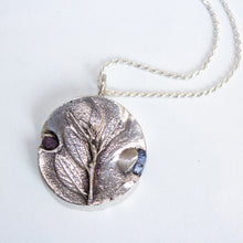 leaf necklace with raw sapphire and ruby