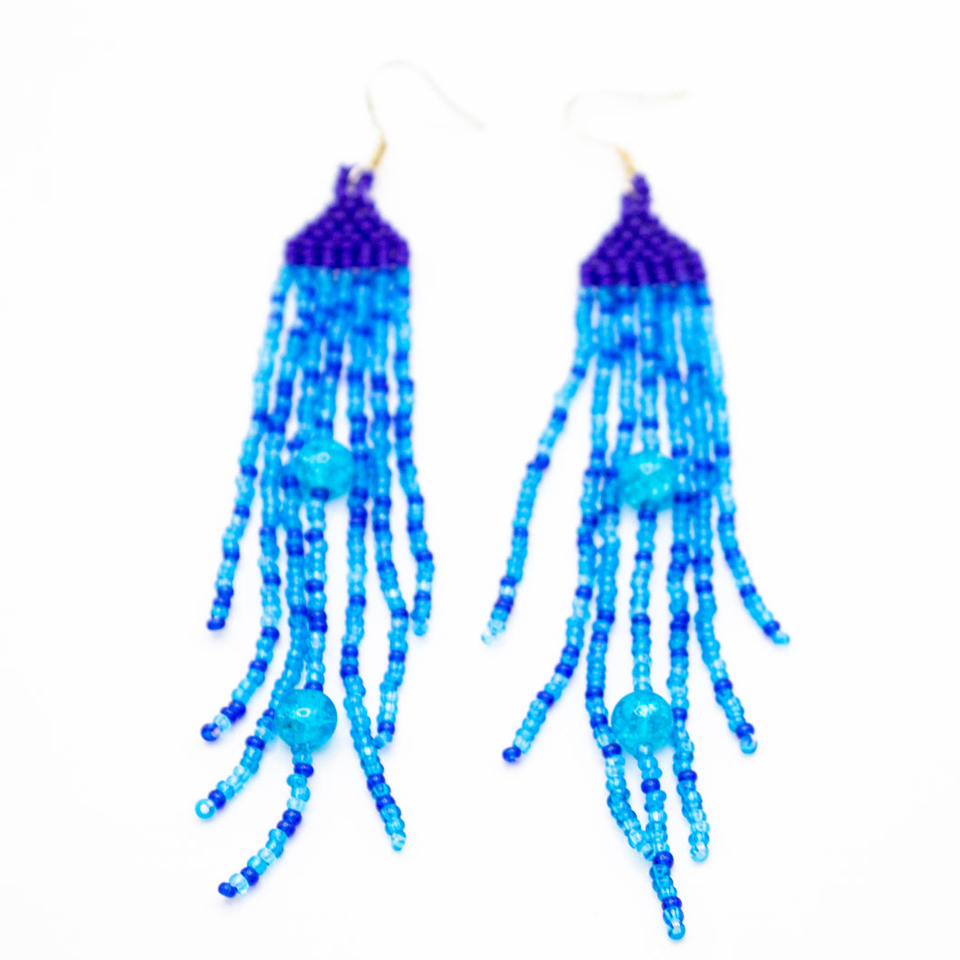 multi-coloured blue with beaded fringe- beadwork earrings