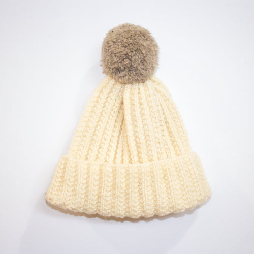 knitted hat - white rib stitch grey pompom