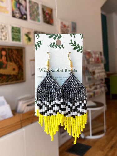 Wild Rabbit Beads - Grey, Yellow, Black, + White Fringe Beadwork Earrings