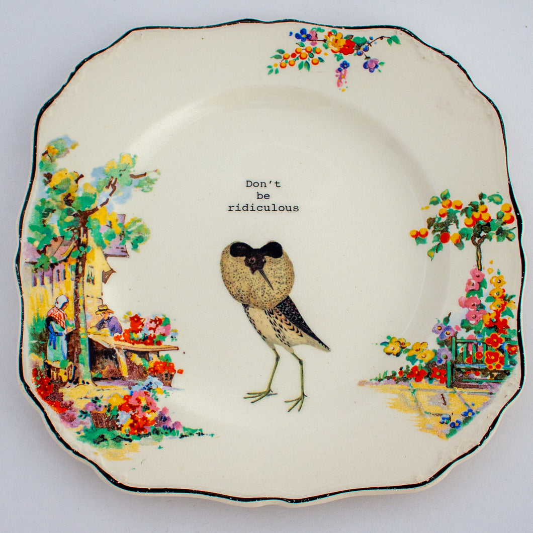 don't be ridiculous - decorative plate with fancy bird and gold leaves