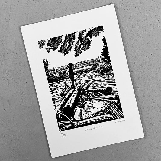 River Driver linocut