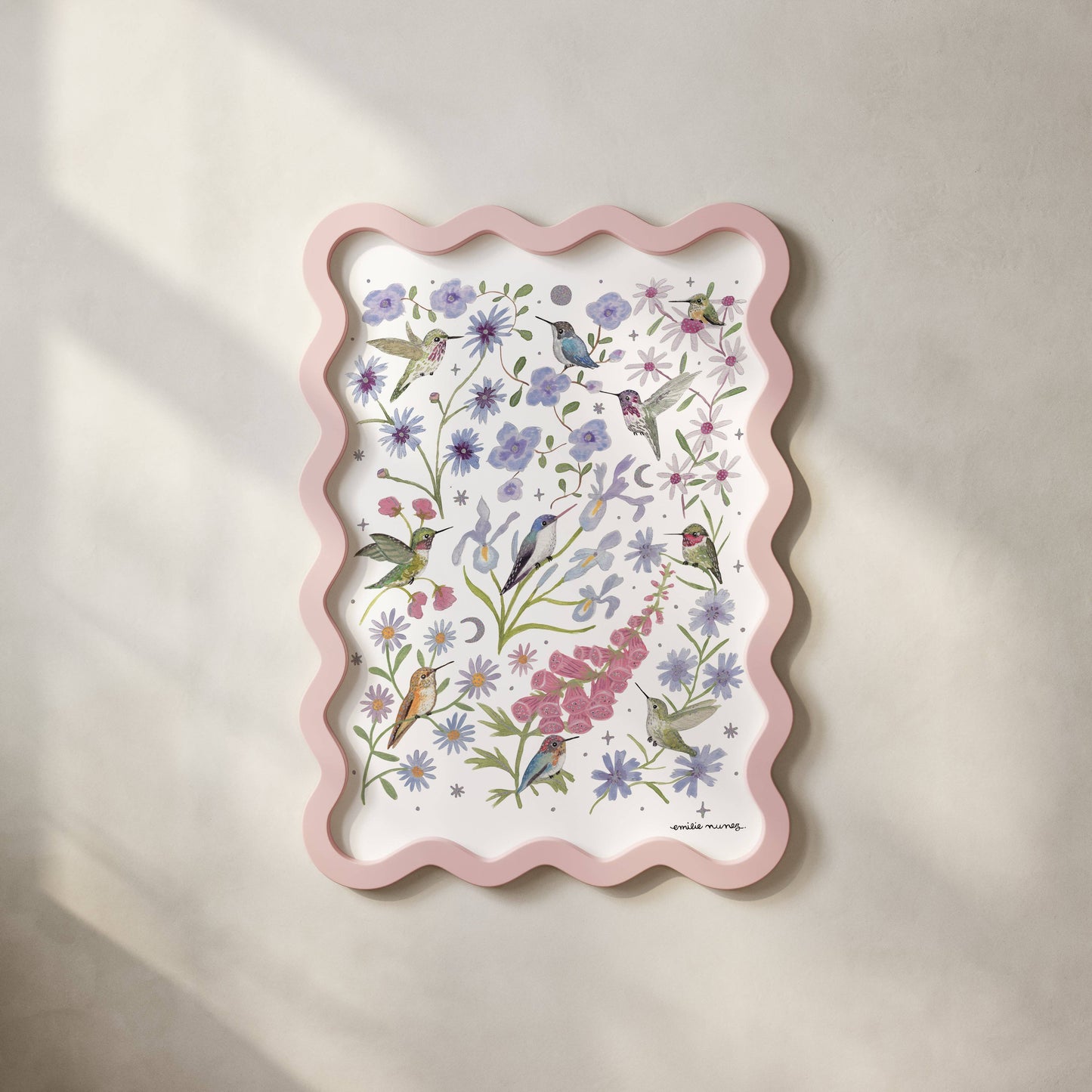 Emilie Nunez - Spring Hummingbird Garden Art Print with Iridescent Foil