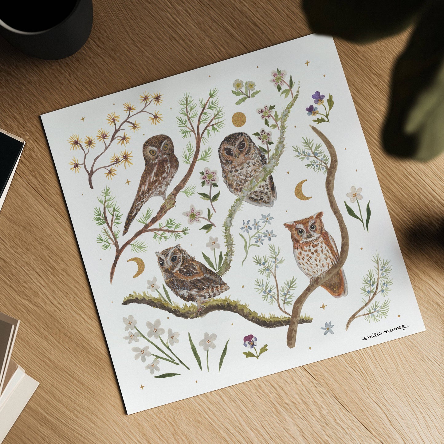 Emilie Nunez - Owls Art Print with Gold Foil