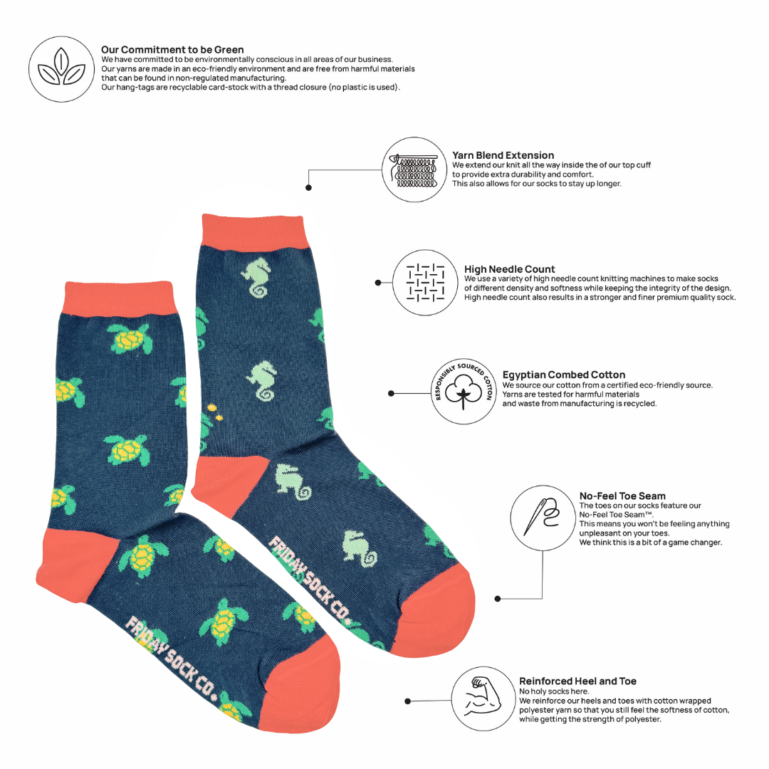 Friday Sock Co. - Women's Coral Seahorse & Turtle Crew Sock