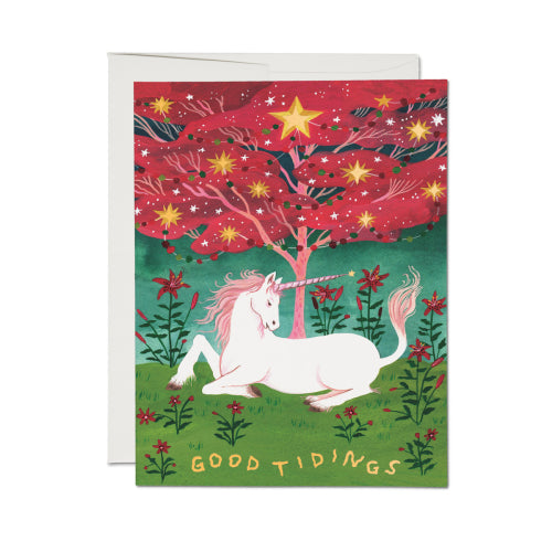 Red Cap Cards - GOOD TIDINGS UNICORN Foil Holiday Card