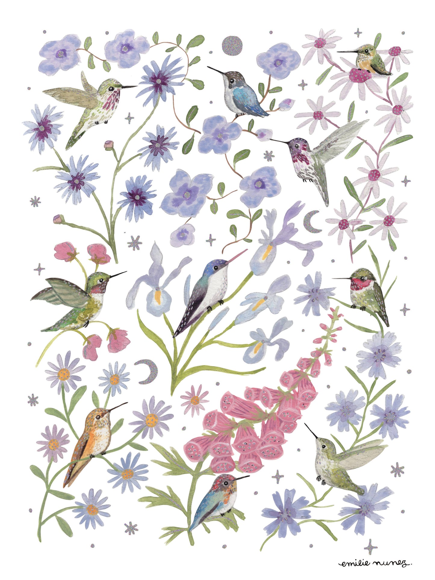 Emilie Nunez - Spring Hummingbird Garden Art Print with Iridescent Foil