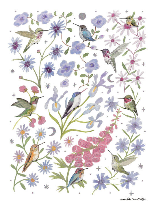Emilie Nunez - Spring Hummingbird Garden Art Print with Iridescent Foil
