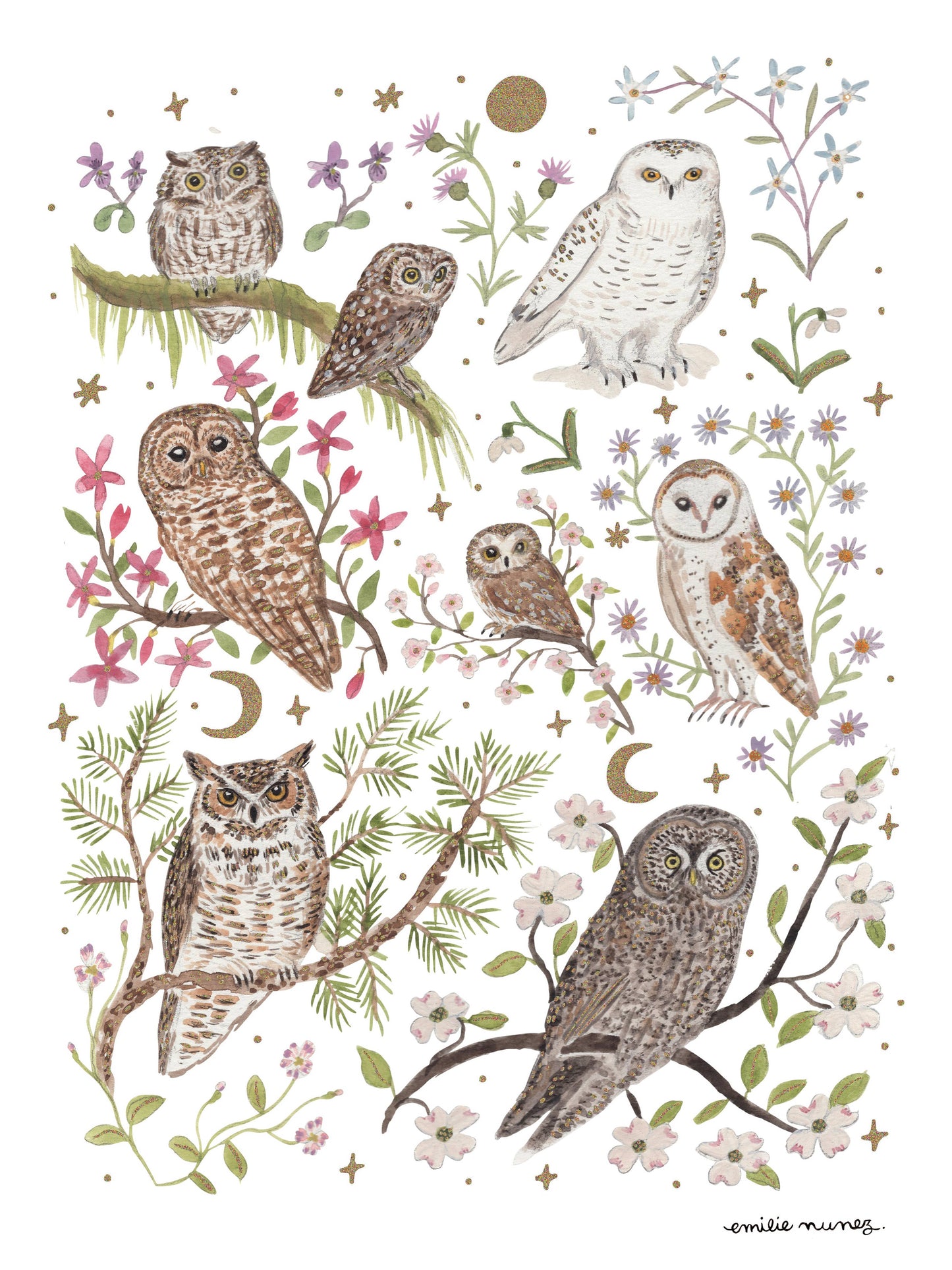 Emilie Nunez - Owl Garden Art Print with Gold Foil