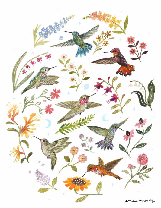 Emilie Nunez - Hummingbird Garden Art Print with Iridescent Foil