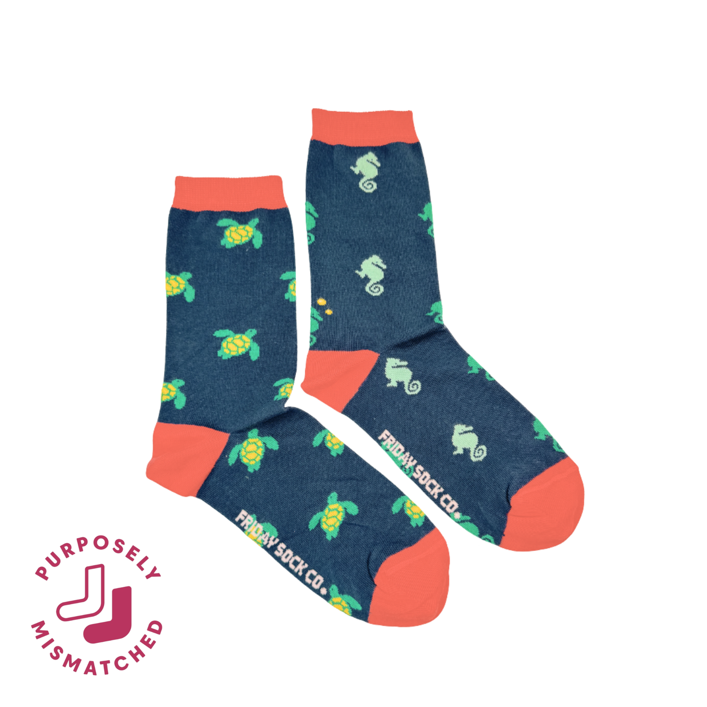 Friday Sock Co. - Women's Coral Seahorse & Turtle Crew Sock