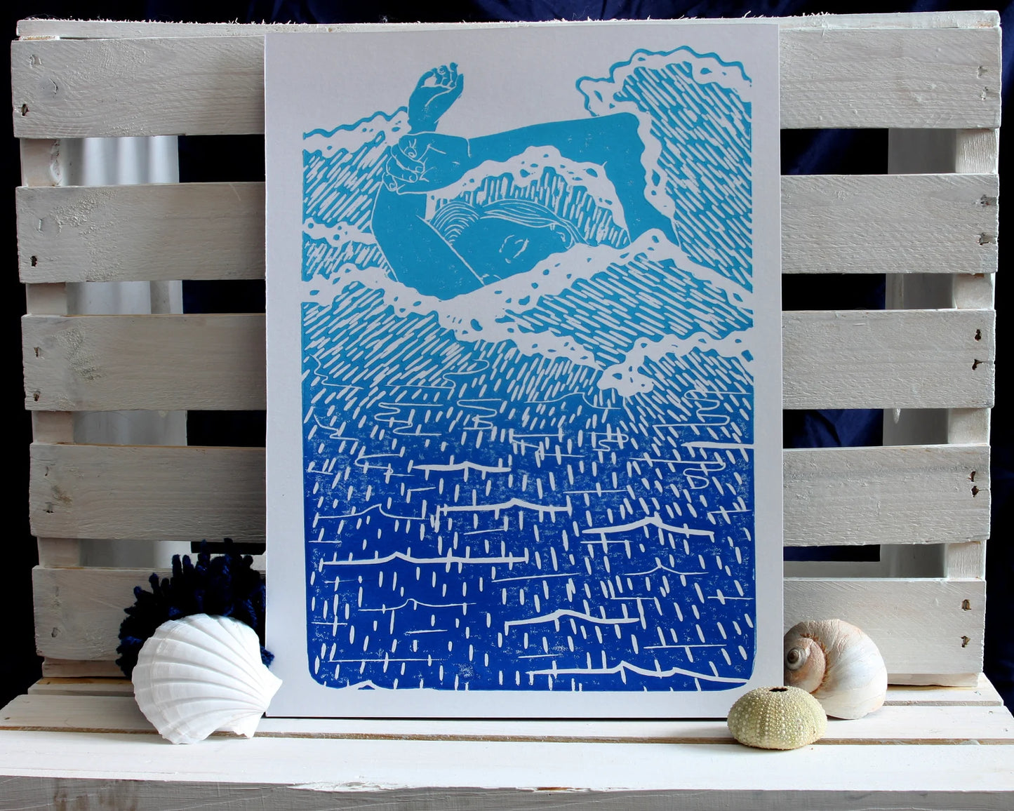Erin Hollingshead - "Mermaid in the Waves" Linocut Print