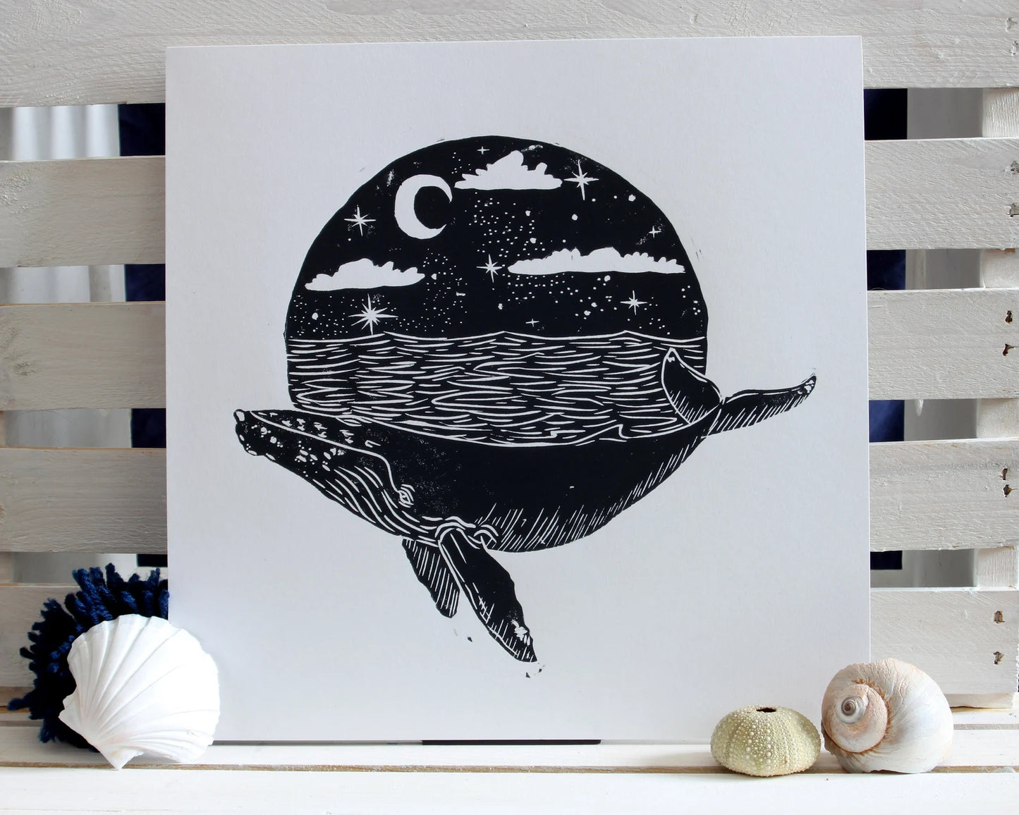 Erin Hollingshead - "Humpback Whale in Moonlight" Linocut Print