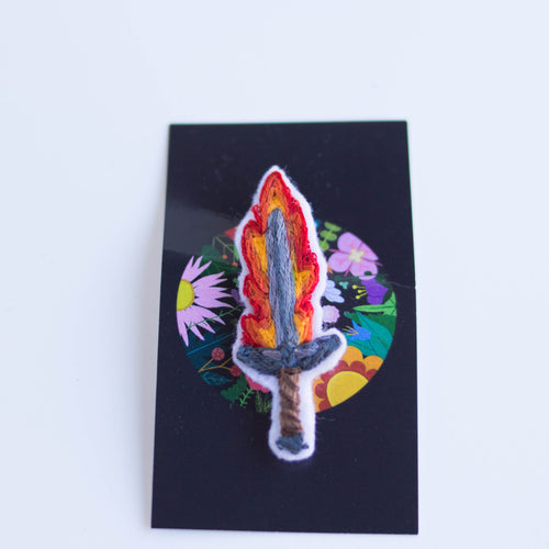 flaming sword - embroidered brooch