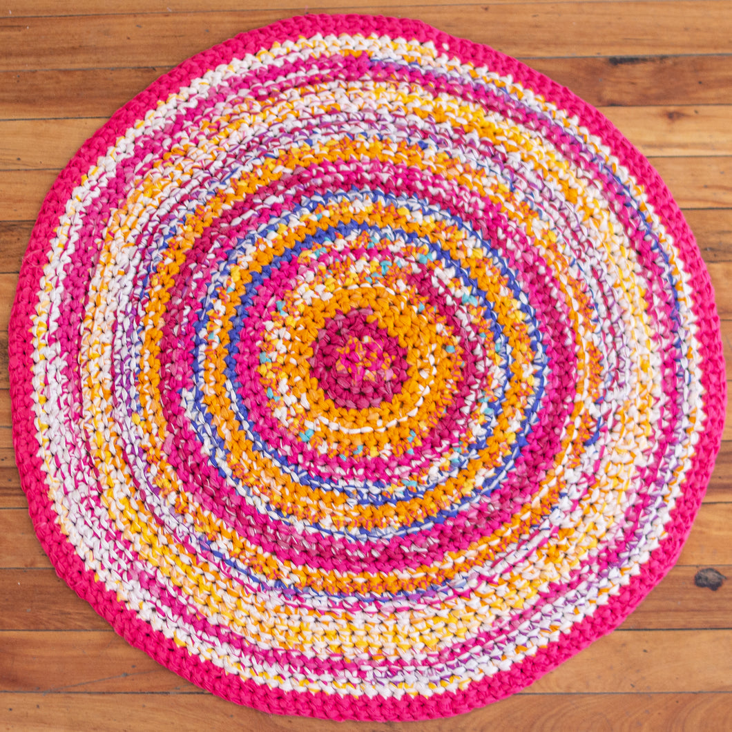 SALE - round rag rug - hot pink orange and blue 29