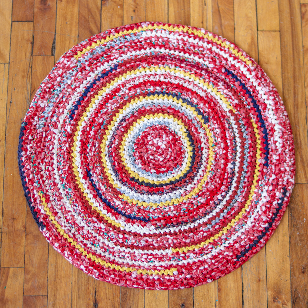 SALE - round rag rug - red white and and yellow 30