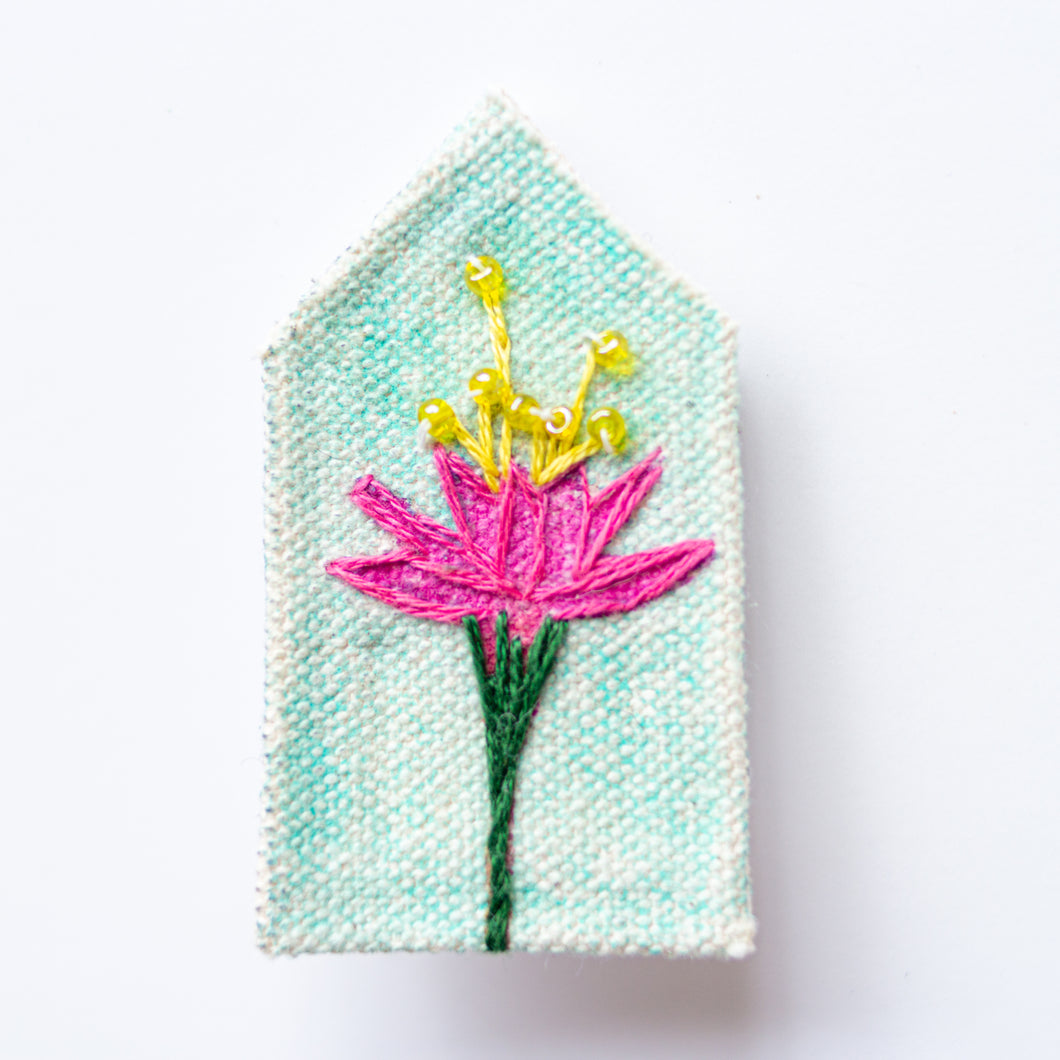 pink flower- embroidered brooch with painted background