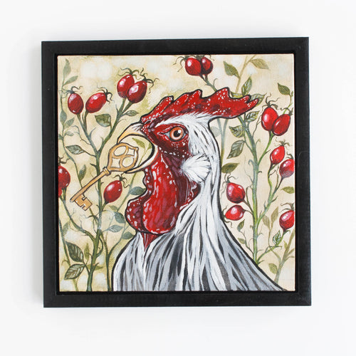 rooster and rosehip - original painting